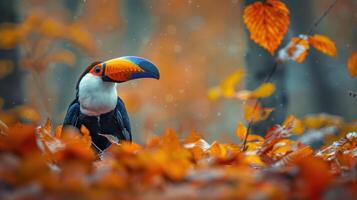 Vibrant toucan perched among colorful autumn leaves in a serene forest setting photo
