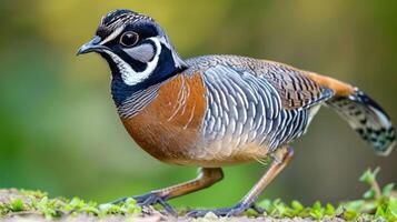 Colorful bird walking on a branch in a lush green environment with blurred background photo