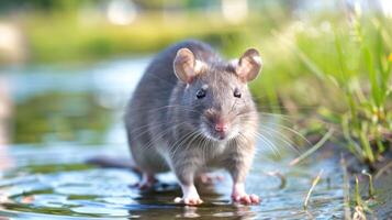 A close-up of a curious gray rat standing in shallow water surrounded by lush greenery photo