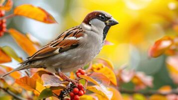 A vibrant sparrow perched on colorful autumn leaves amidst a blurred natural background photo