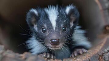 Close-up of a curious skunk peering from a hollow log in a serene forest setting photo