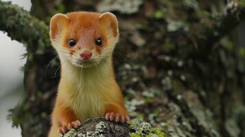 Close-up of a curious weasel perched on a mossy tree trunk in a serene forest setting photo