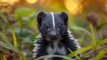 Striking close-up of a skunk in vibrant foliage, showcasing its curious expression at sunset photo