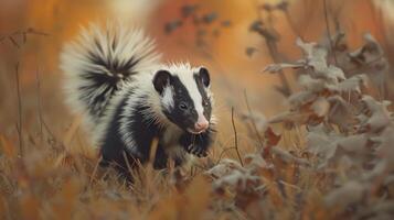 A skunk forages through a vibrant autumn landscape filled with colorful foliage photo