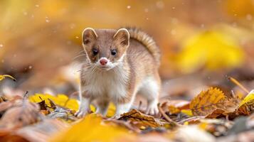 A curious weasel exploring a forest floor covered in vibrant autumn leaves, surrounded by nature photo