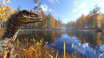 Realistic dinosaur observing a serene autumn landscape by a tranquil lake with vibrant foliage photo