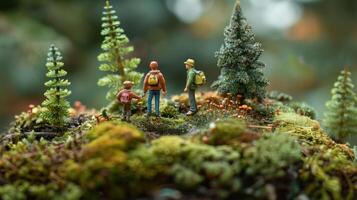 Miniature scene depicting three hikers exploring a mossy landscape with small trees. photo
