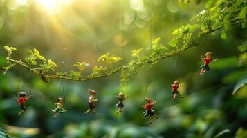 Miniature figures playfully hanging from a branch in a sunlit, lush environment. photo