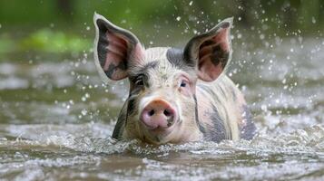 Playful pig swimming in a muddy pond, splashing water, surrounded by greenery and nature photo