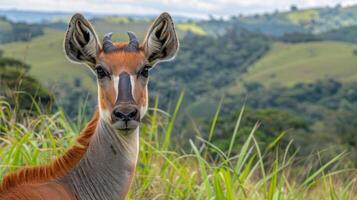 Majestic antelope gazing at the camera amidst lush green hills and a cloudy sky photo