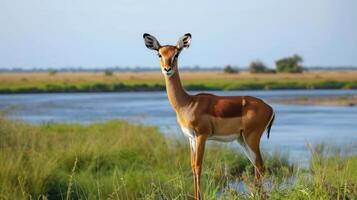 A graceful impala stands by a serene riverbank surrounded by lush green grass under a clear sky photo