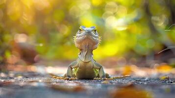 A close-up of a bearded dragon basking in sunlight on a forest path surrounded by greenery photo