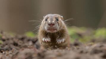 Close-up of a curious small mammal emerging from the ground in a lush forest setting photo