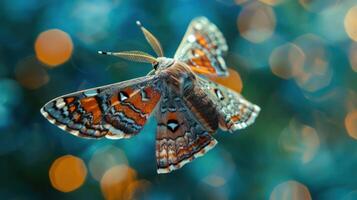 Vibrant butterfly in mid-flight against a blurred, colorful background with bokeh effect photo