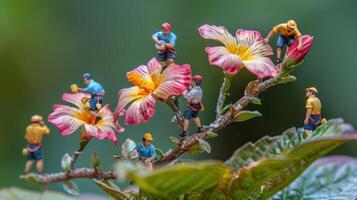 Miniature figures tending to colorful flowers on a branch, showcasing a whimsical scene. photo