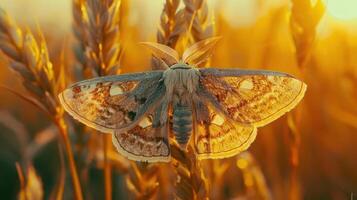 A close-up of a moth resting on golden wheat at sunset, showcasing nature's beauty and tranquility photo