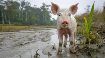 Curious piglet exploring muddy terrain in a lush, green landscape with trees in the background photo