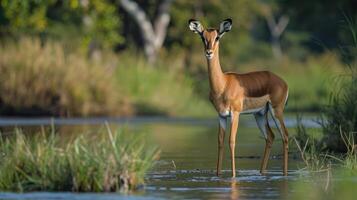 A graceful antelope standing in shallow water amidst lush greenery and trees in the background photo