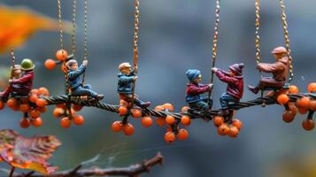 Miniature figures swinging on a rope bridge adorned with orange berries in a natural setting. photo