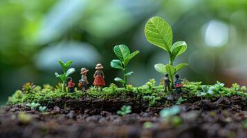 Miniature figures tending to small plants in a lush, green environment. photo