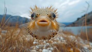 Close-up of a curious pufferfish swimming near the shore, surrounded by grass and pebbles, under a cloudy sky photo