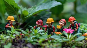 Miniature figures tending to plants in a lush garden setting. photo