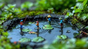 Miniature figures fishing in a pond surrounded by lush greenery and lily pads. photo