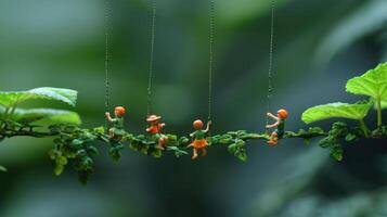 Miniature figures swinging on a branch in a lush green environment. photo