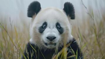 Close-up of a curious panda in a misty bamboo forest, surrounded by lush greenery and soft light photo