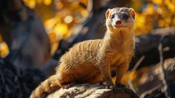 A curious mongoose perched on a tree trunk, surrounded by vibrant autumn foliage photo
