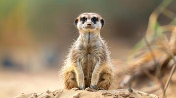 A curious meerkat stands upright on a rock in a natural habitat, observing its surroundings photo