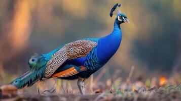 Vibrant peacock displaying its feathers in a lush, blurred natural setting during sunset photo