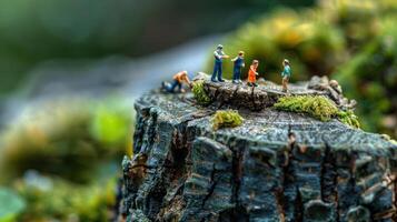 Miniature figures on a tree stump create a whimsical scene in a natural setting. photo