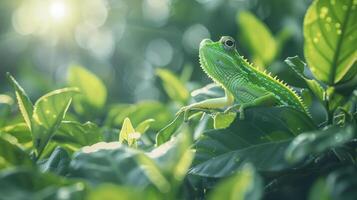 Vibrant green lizard perched on lush leaves, basking in sunlight with blurred background photo