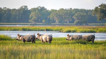 Four pigs grazing in lush green grass by a serene river under a bright sky photo