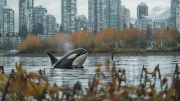Orca breaching in calm waters with urban skyline and autumn foliage in the background photo