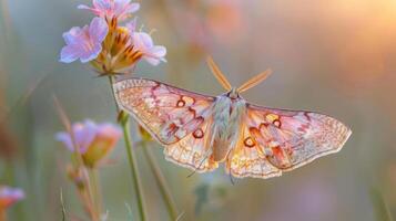 Beautiful butterfly perched on delicate pink flowers during a serene sunset in a meadow photo