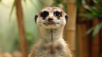 Close-up of a meerkat smiling in a lush, green habitat surrounded by bamboo plants photo