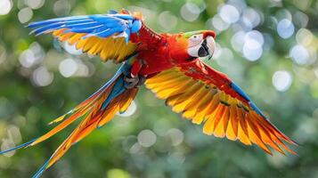 A vibrant macaw in flight showcasing its colorful feathers against a blurred background. photo