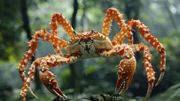 Vibrant orange crab with distinctive spots posed on a log in a lush, green forest setting photo