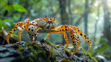 Colorful crab with distinctive patterns on a mossy log in a lush forest environment photo