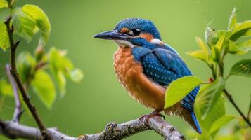 Vibrant kingfisher perched on a branch amidst lush green foliage in a serene environment photo