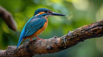 A vibrant kingfisher perched on a branch, showcasing its colorful plumage in nature. photo