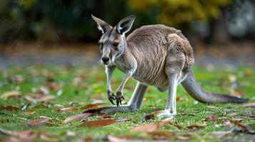 Kangaroo gracefully hopping across a grassy area surrounded by autumn leaves in a serene park photo