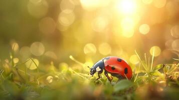Close-up of a vibrant ladybug crawling on green grass with a glowing background of sunlight photo