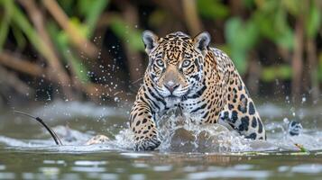 A jaguar splashes through water while hunting in a lush jungle environment, showcasing its power photo