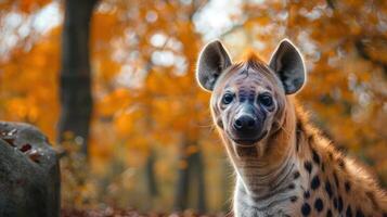 Close-up of a hyena in a vibrant autumn forest, showcasing its unique features and surroundings photo