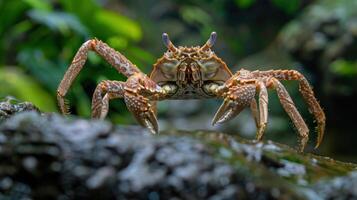 A close-up view of a crab perched on a rock, surrounded by lush green underwater vegetation photo
