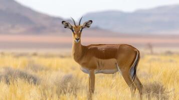 A graceful antelope stands in a golden grassland, with distant mountains and a serene sky photo