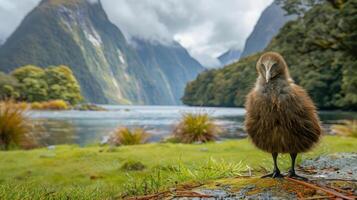 A fluffy bird stands on the shore of a serene lake surrounded by majestic mountains and lush greenery photo
